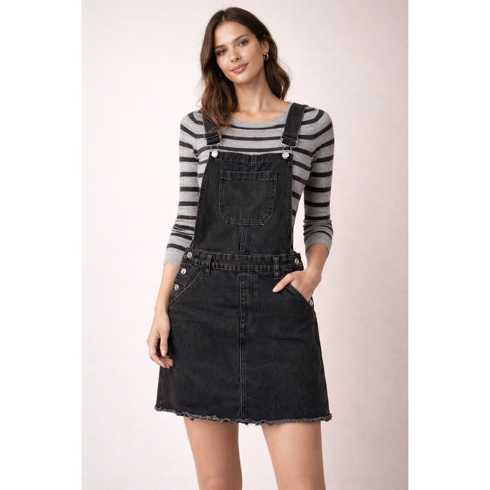 Forever 21 Black Denim Dress Overall Mini Skirt Womens XS Utility Y2K Neutral‎